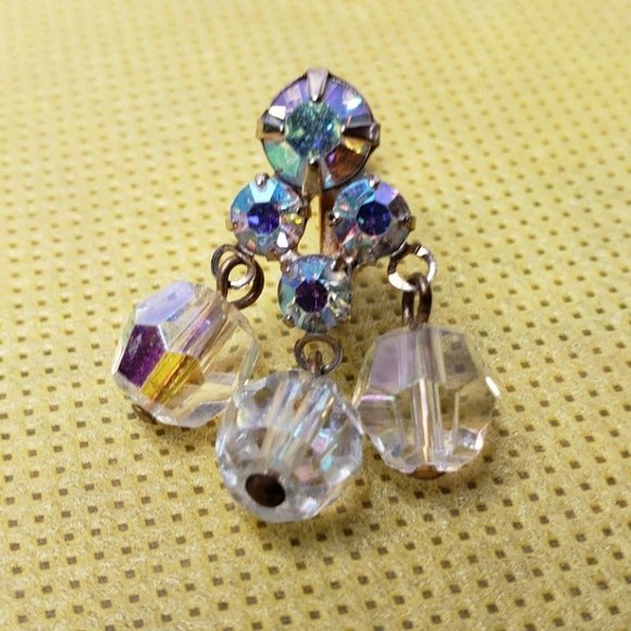 Vintage Crystal Tri-Bead Earrings, Wrap Bracelet Screw Back Gold Tone AB Rhines - Picture 8 of 11